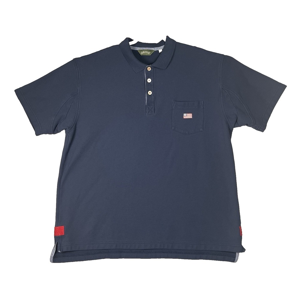 ORVIS Polo Shirt Mens XL Navy Blue Heavyweight Cotton American Flag Badge Preppy
